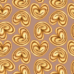 Watercolor seamless pattern: sweet puff buns with poppy seeds on mocha. Element for design menu café, coffee house, bakery, flyer, advertising, interior decor, card, poster