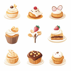 Assorted cupcakes with cream frosting and fruit toppings on white plates