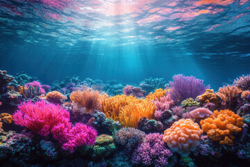 Naklejka premium Underwater coral reefs showcase vibrant colors and diverse marine life, lit by sunlight