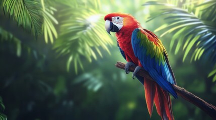 Obraz premium Parrot perched on a branch with vibrant feathers, tropical background, realistic and colorful
