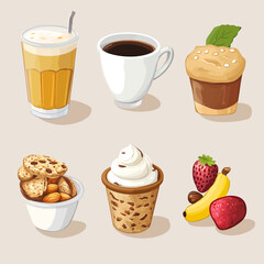 Coffee, Smoothie, Muffin, Cookies, Yogurt, and Fruit Collection Illustration