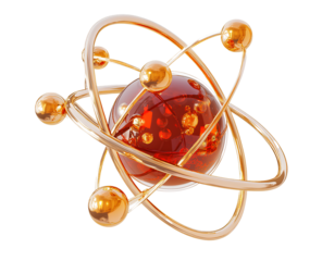 A gold and red model of an atom, on a Transparent background .png