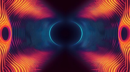 Vibrant Neon Resonance: An abstract, mesmerizing display of neon lights forms concentric circles, creating a tunnel effect, in a dynamic dance of color.