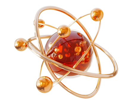 A gold and red model of an atom, on a Transparent background .png