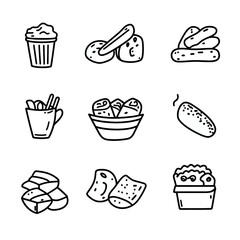 Black and white doodle drawing of snacks and treats assortment