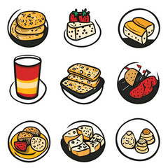 Assorted pastries vector illustration in nine circles isolated on white