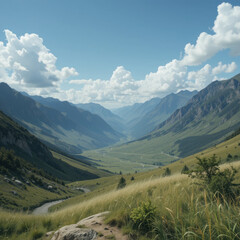 Naklejka premium serene valley unfolds beneath blue sky dotted with fluffy clouds, radiating peace and inspiring sense of awe and tranquility