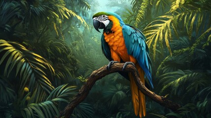 Obraz premium Parrot perched on a branch with vibrant feathers, tropical background, realistic and colorful