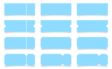 Set of light blue ticket mockups with ruffle edges and shadows. Empty template. Concert, movie or theater ticket. Boarding blank, lottery, sale coupon	