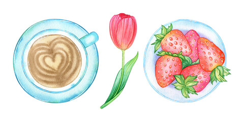 Watercolor png illustration: cup of cappuccino coffee, tulip flower and bowl of fresh strawberries. Hand drawn set of isolated objects on a transparent background. For menu café, coffee house, bakery