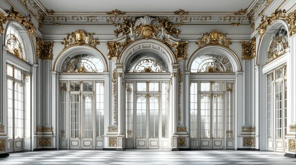 Fototapeta premium Elegant ballroom, ornate gold details, grand windows.