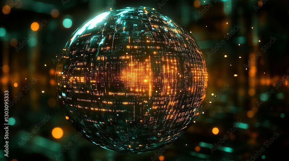 Poster a mesmerizing spherical structure emerges, composed of a shifting data matrix. bright, glowing patte
