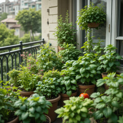 tranquil balcony garden thrives with lush greenery, terracotta pots and an orange fruit. Feels like peaceful retreat in city