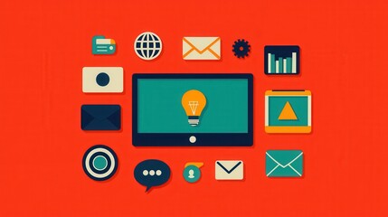 Service-oriented architecture concept. Digital Transformation Concept with SOA Applications and Technology Icons on Red Background