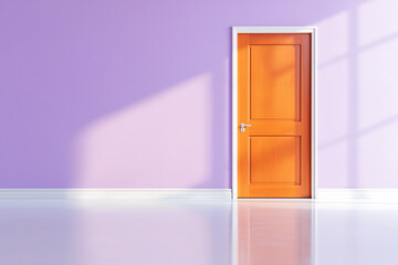 vibrant orange door stands against soft purple wall, creating striking contrast in well lit room. sunlight casts gentle shadows, enhancing modern aesthetic
