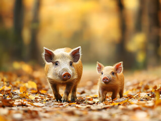 Cute Baby Piglet Standing Next to Its Mother in a Forest Filled With Autumn Leaves