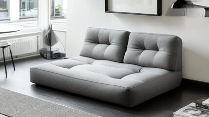 A modern convertible sofa bed in a small apartment, showcasing space-saving furniture for urban living.