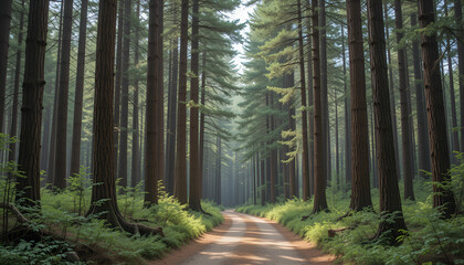 Obraz premium Serene Trails: Walking Through Majestic Pines and Nature’s Fresh Aroma