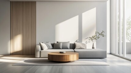 A modern minimalist living room with a sleek gray sofa, wooden coffee table, and soft natural lighting.