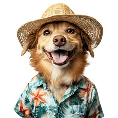 Holiday Dog: An adorable dog, dressed in a tropical shirt and sun hat, with a huge, happy grin and tongue out ready for a vacation, exudes charm and playful vibes.