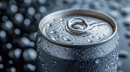 A chilled metallic can sits atop a textured surface, glistening with condensation. The water droplets catch the light, creating a refreshing scene that invites a sip on a hot day