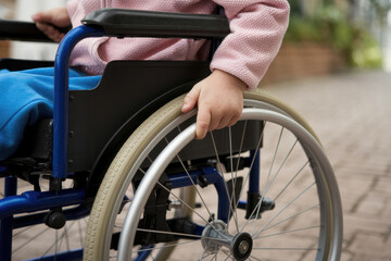 A child in a pink sweater and blue pants gripping the wheel of a blue wheelchair while moving on a paved walkway outdoors.
