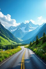 Serene Winding Road Through Majestic Mountain Valley Under a Brilliant Blue Sky