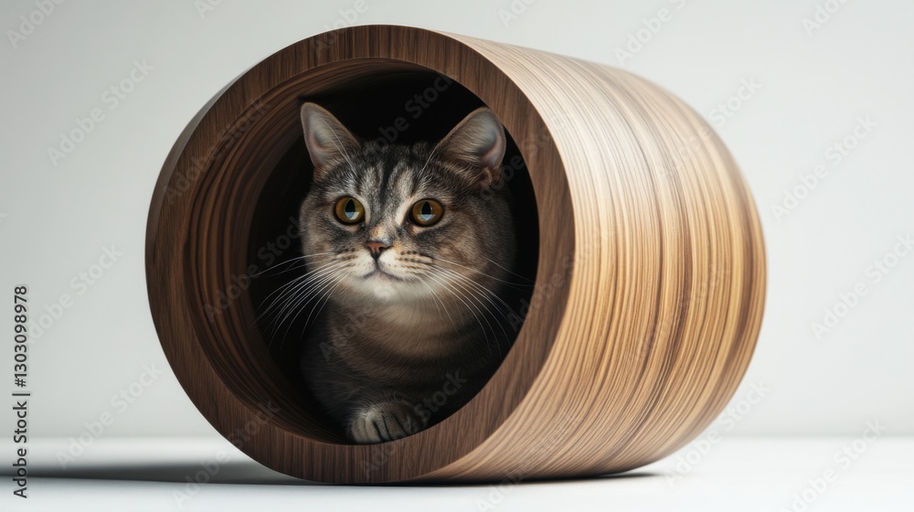 Poster a scottish fold cat peeking out from the circular opening of a modern cat house, looking curious and