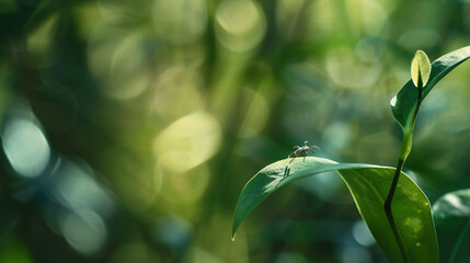 Close-up of a tick on a leaf in a green forest, representing the risk of tick-borne diseases and outdoor health hazards in nature.