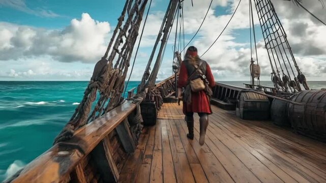A man in a red pirate costume walks on a boat. smooth repeating motion for background video animation