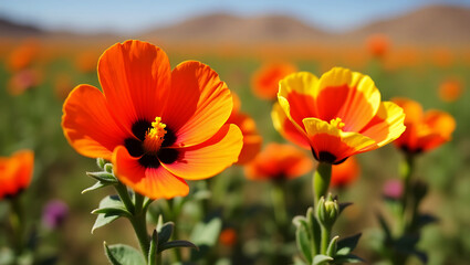 Vibrant Fiery Petunia with Orange and Yellow Petals Blooming in a Desert Landscape