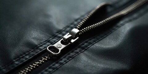 Close-up view of a metallic zipper slider on a dark leather garment, showcasing intricate stitching and texture
