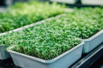 Microgreen sprouts are flourishing in a tin container, showcasing their lush green leaves and delicate stems under bright light
