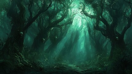 A mystical forest illuminated by ethereal light, creating an enchanting and eerie atmosphere.