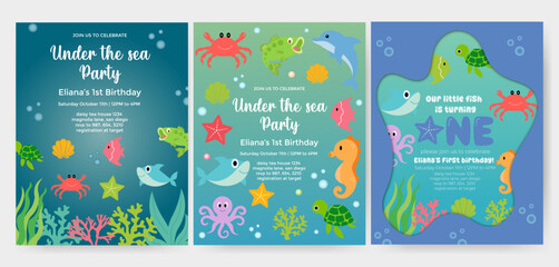 Set of birthday invitation card vector template. Sea birthday Party theme with fishes and other elements.
