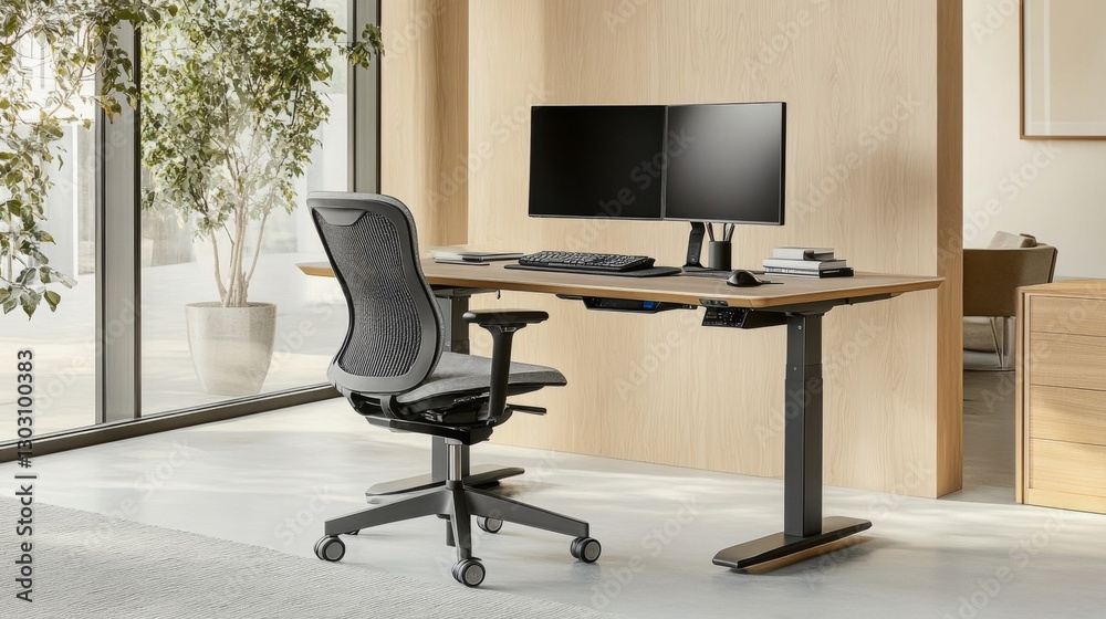 Poster a standing desk in a minimalist office setup, featuring a large monitor, ergonomic chair, and a neat