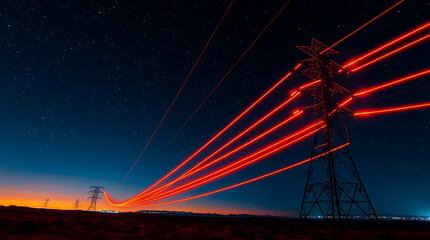 Futuristic Power Lines: Illuminated Energy Grid, electricity transmission, energy grid, high voltage, electrical infrastructure,technology in energy.