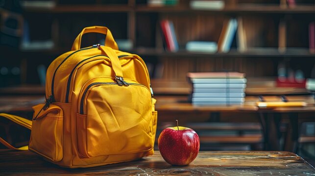 A yellow school backpack and red apple sit on a desk