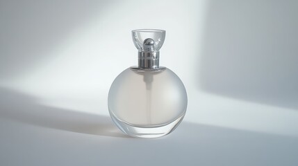 4K ultra-realistic close-up of a minimalist perfume bottle, frosted glass with silver details, crisp lighting, white backdrop.