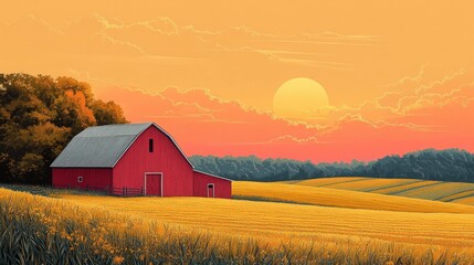 Red barn sunset golden field rural tranquility