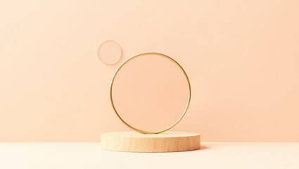 golden ring on wooden platform minimalist studio shot