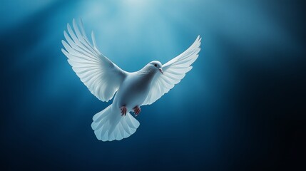 Fototapeta premium White dove gracefully soaring in a soft blue atmosphere
