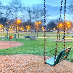 A peaceful swing in an empty park during early evening hours.