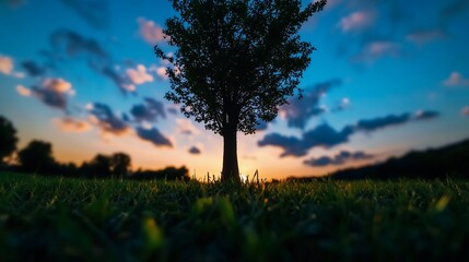 Obraz premium Solitary Tree at Sunset over Lush Grass