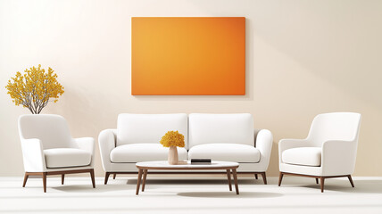 modern living room featuring white sofas and armchairs, round coffee table, and vibrant orange artwork. space is bright and inviting, perfect for relaxation