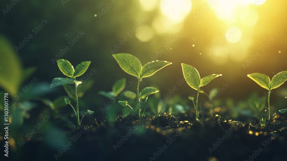 Poster a time-lapse-inspired scene of seedlings growing under the changing light of the day, representing t