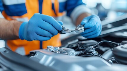 Fototapeta na wymiar Auto Technician at Work, skilled expert diagnosing vehicle issues with advanced tools, focused environment, showcasing modern automotive technology and problem-solving expertise