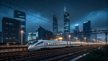 Fototapeta premium Sleek High-Speed Train at Night Against Shanghai Skyline Modern Transportation Design