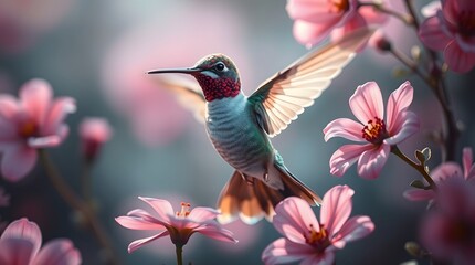 Naklejka premium Hummingbird with Flowers