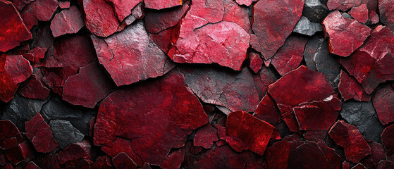Fractured deep red stone pieces with dark crevices creating a dramatic mosaic-like texture. Generative AI.